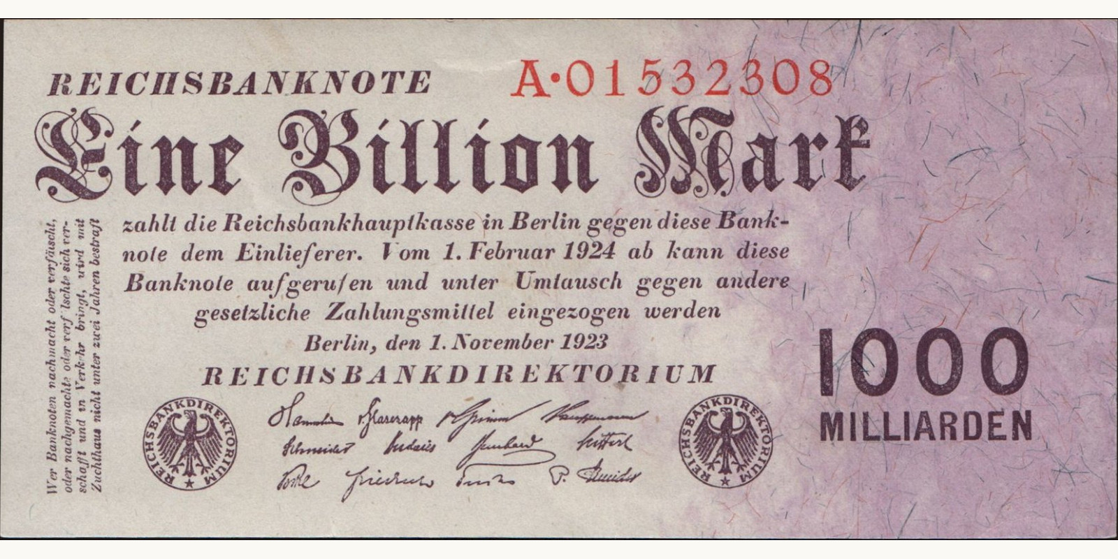 1000000000000 mark Германия 1923 — Лицевая сторона