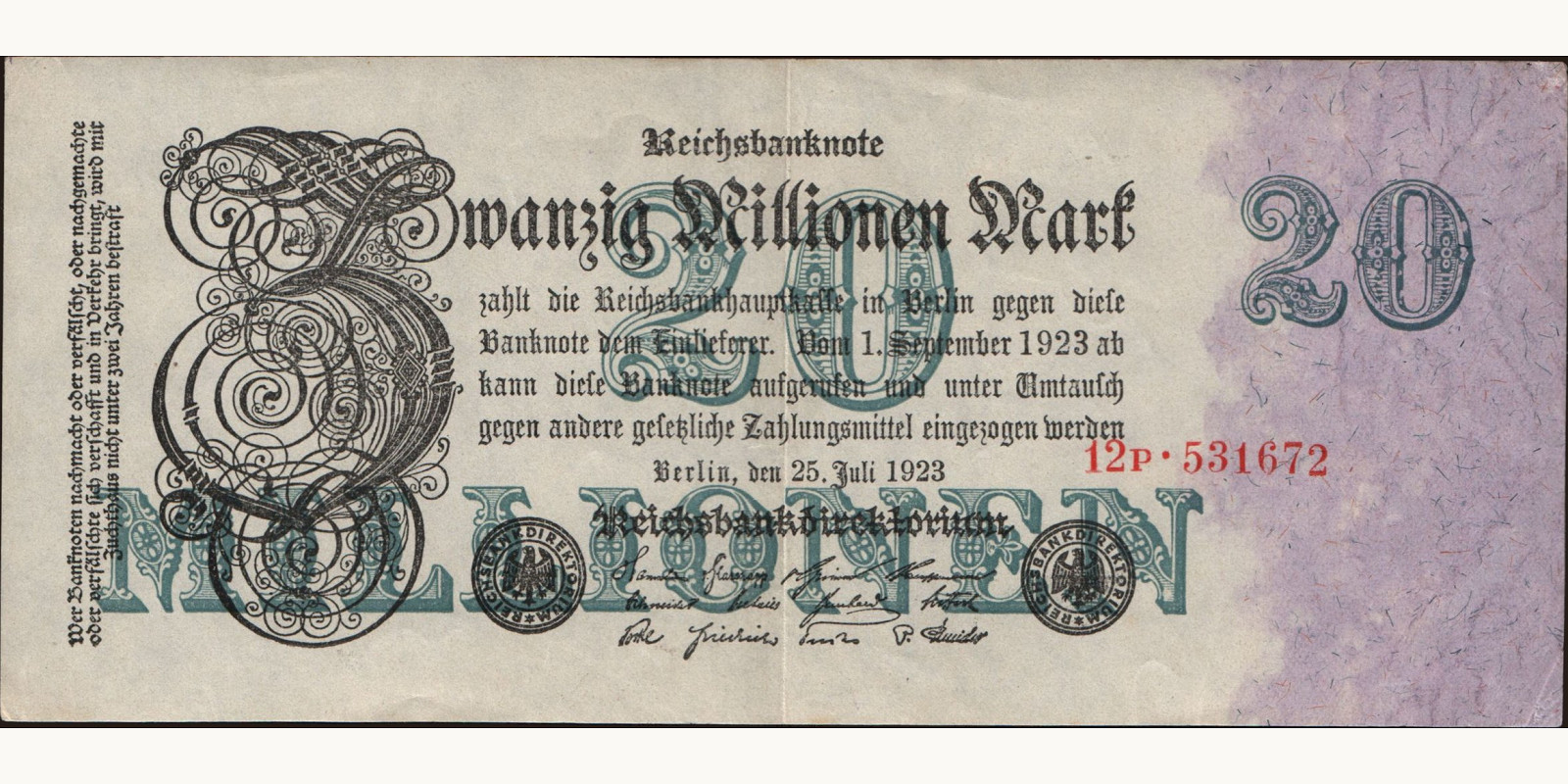 20000000 mark Германия 1923 — Лицевая сторона