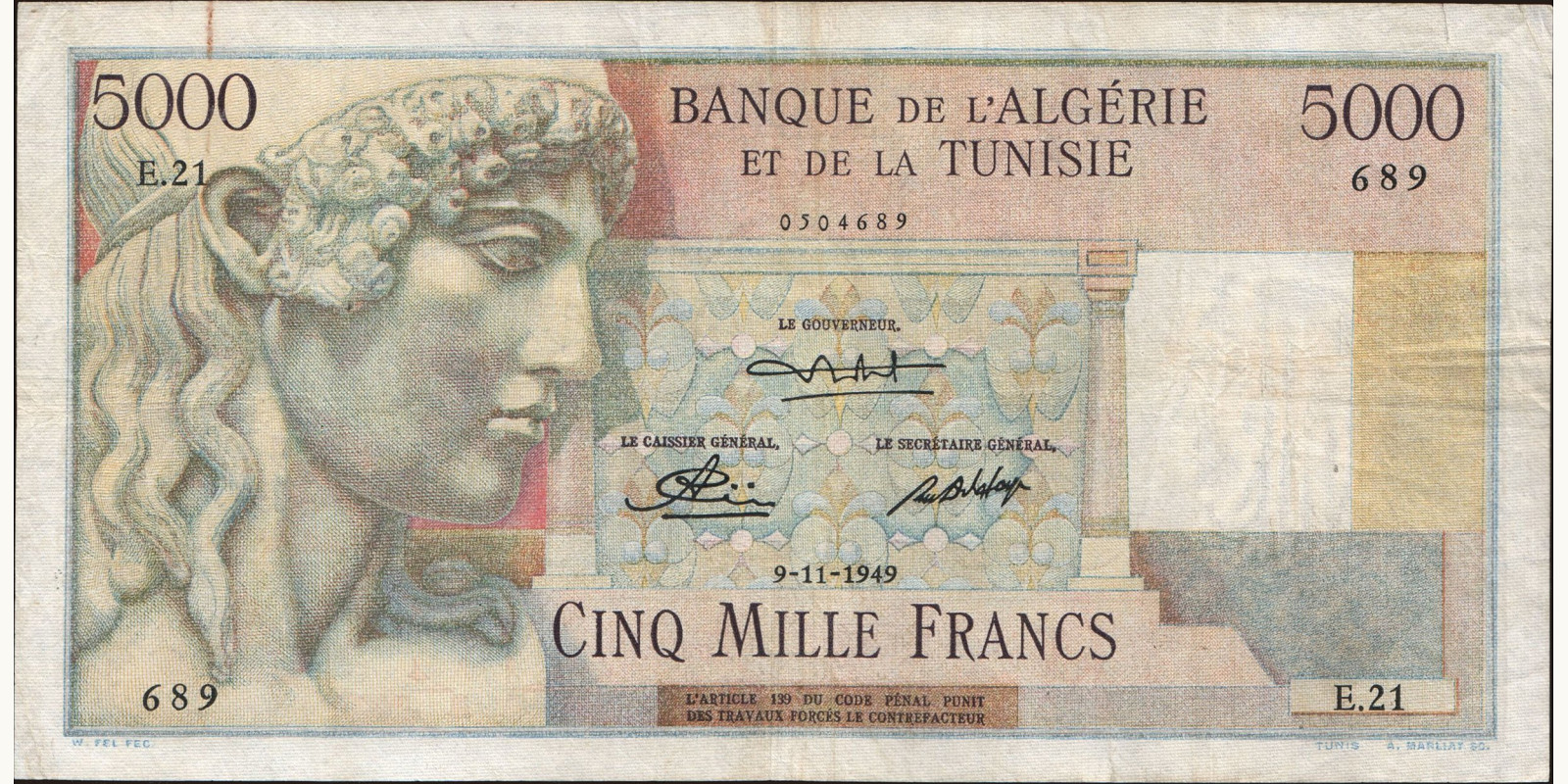 5000 franc Тунис 1949 — Лицевая сторона