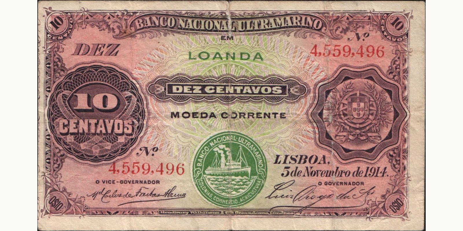 10 centavos Angola 1914 — Front side