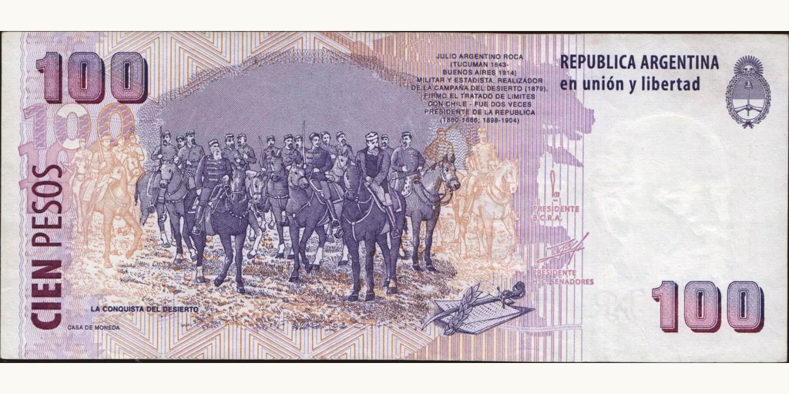 100 pesos Аргентина 1999 — Оборотная сторона
