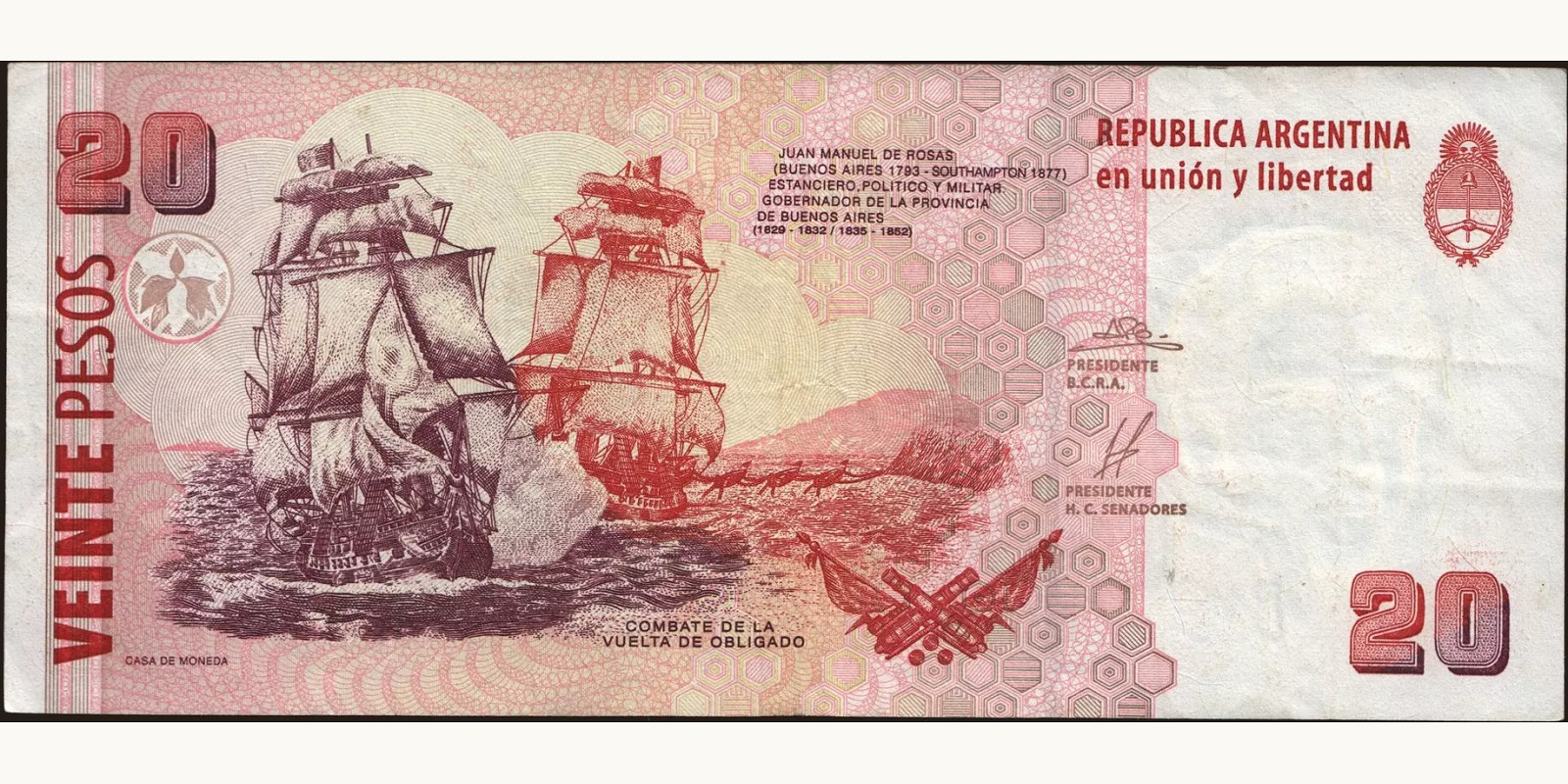 20 pesos Аргентина 1999 — Оборотная сторона