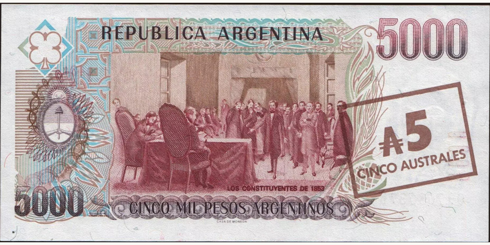 5 australes Argentina 1985 — Back side