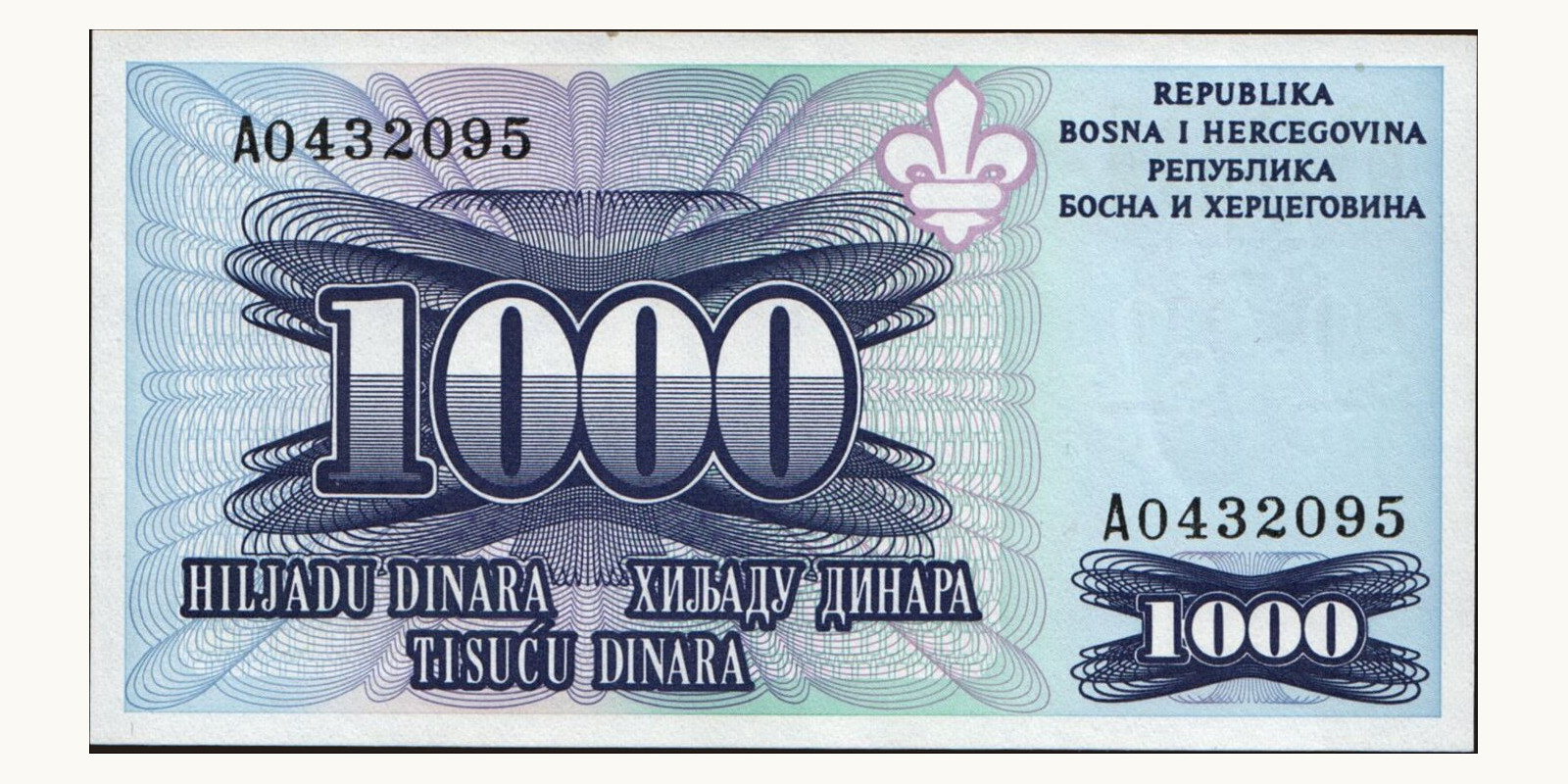 1000 dinars Bosnia and Herzegovina 1995 — Front side