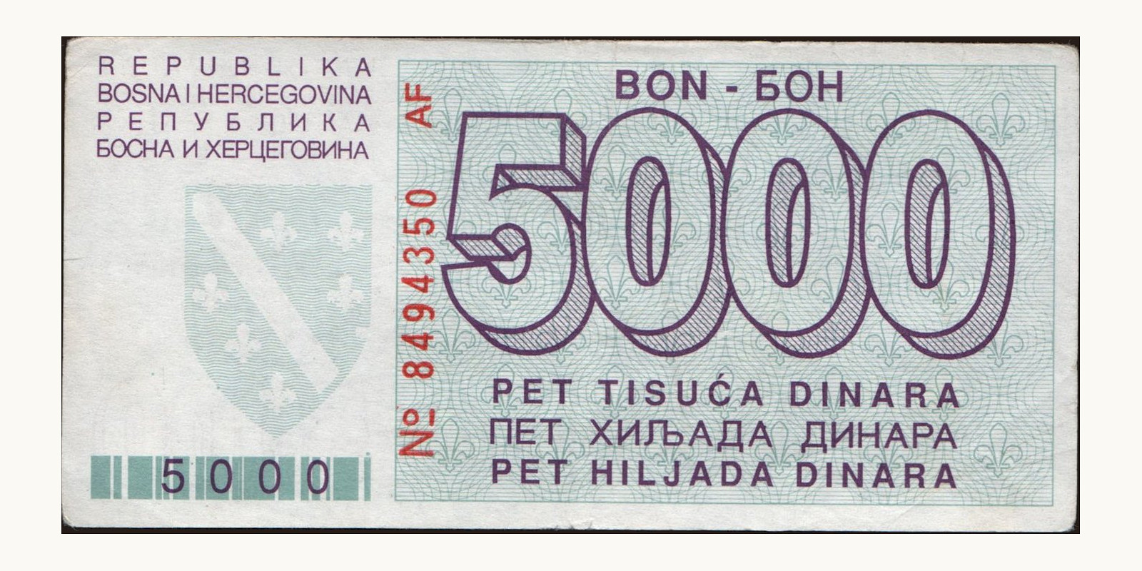 5000 dinars Босния и Герцеговина 1992 — Оборотная сторона