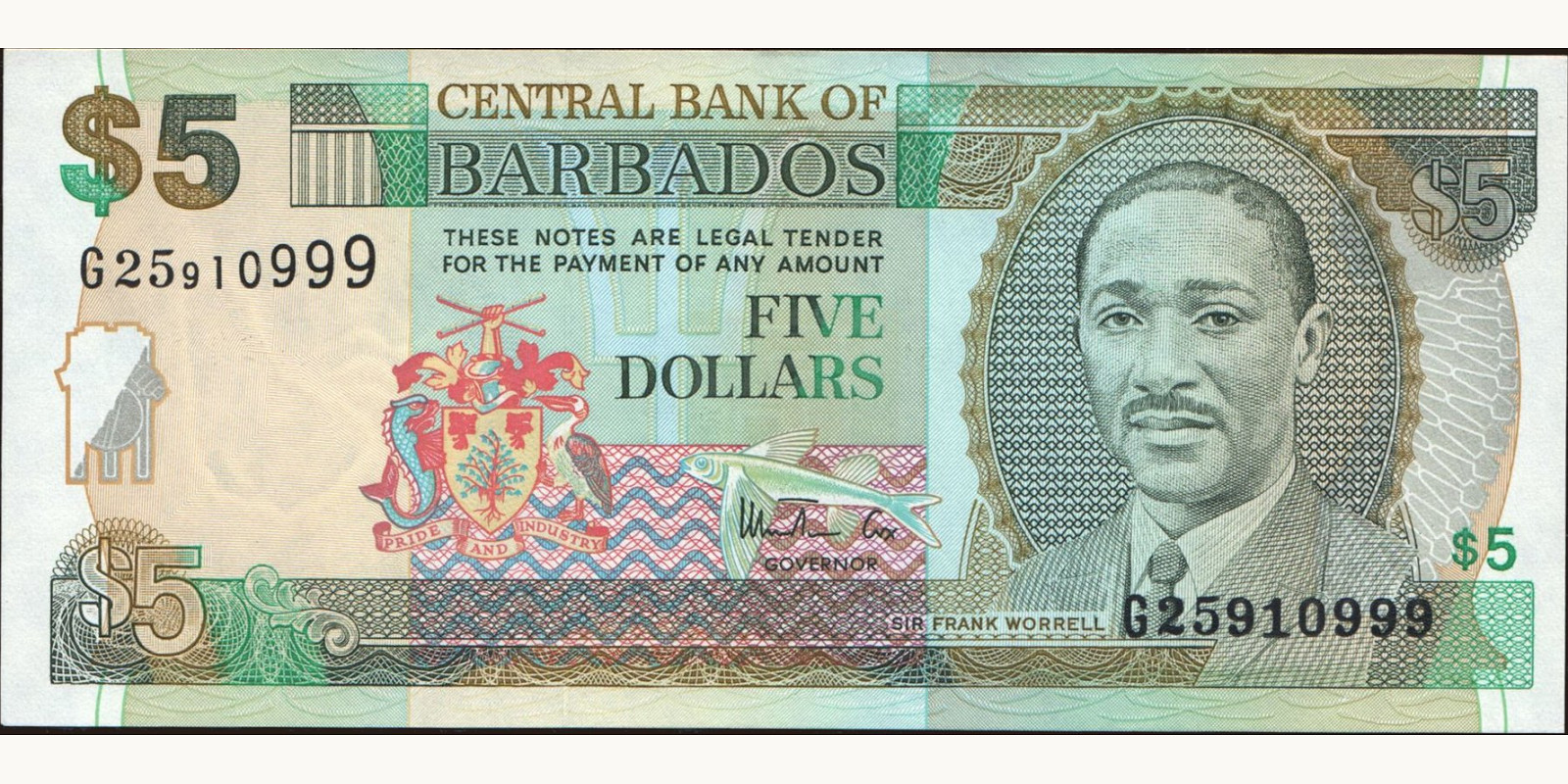 5 dollars Барбадос 1999 — Лицевая сторона