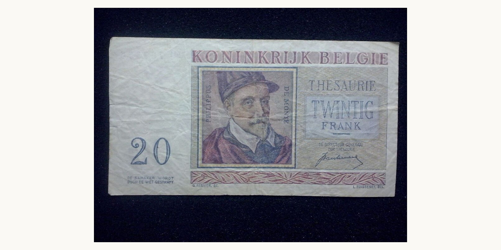 20 franc Belgium 1950 — Back side