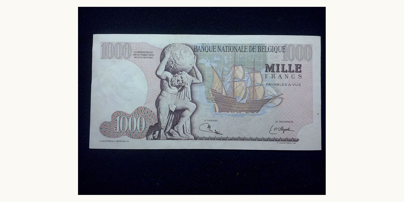 1000 franc Belgium 1961 — Back side