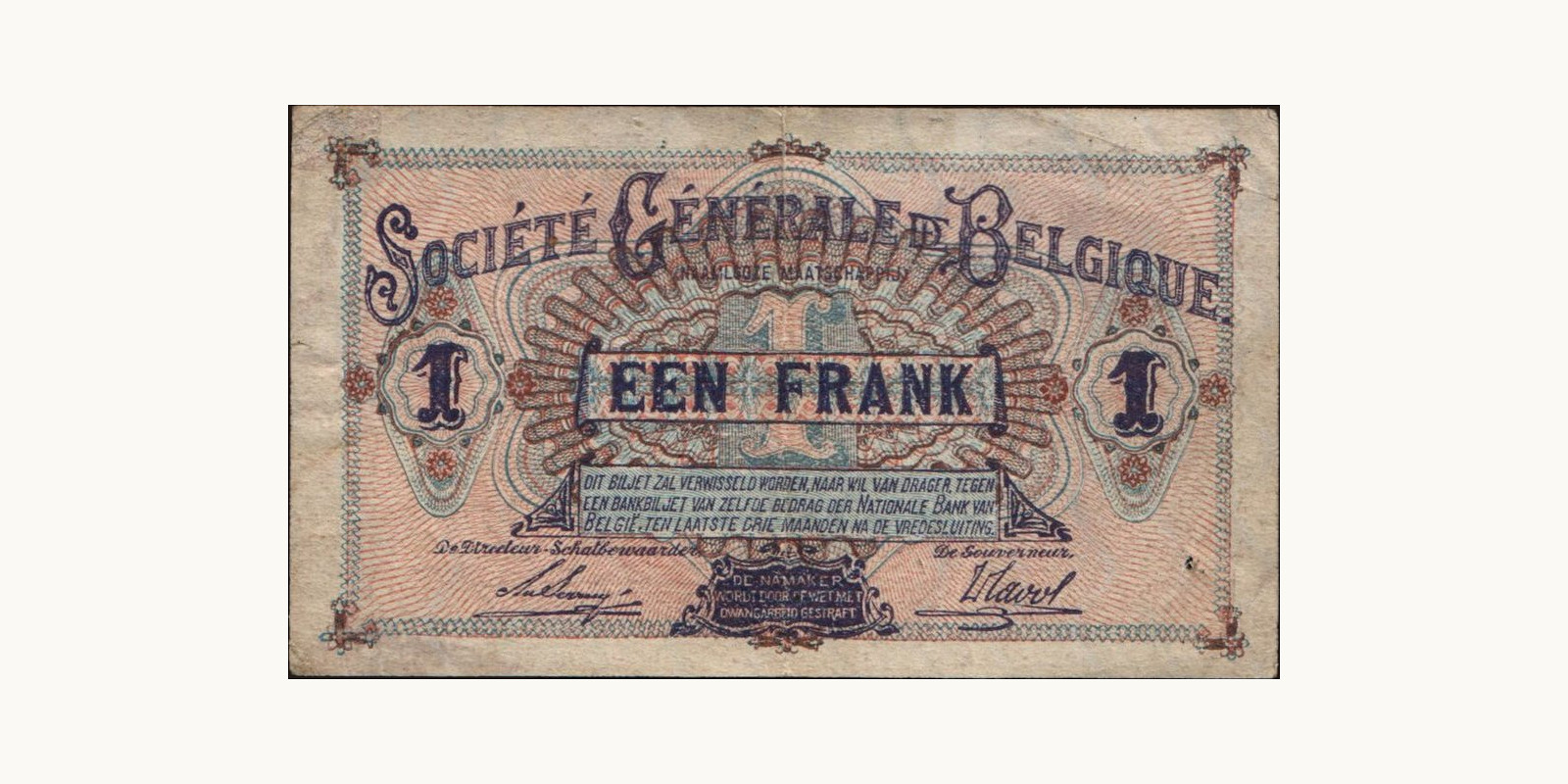 1 franc Belgium 1915 — Back side