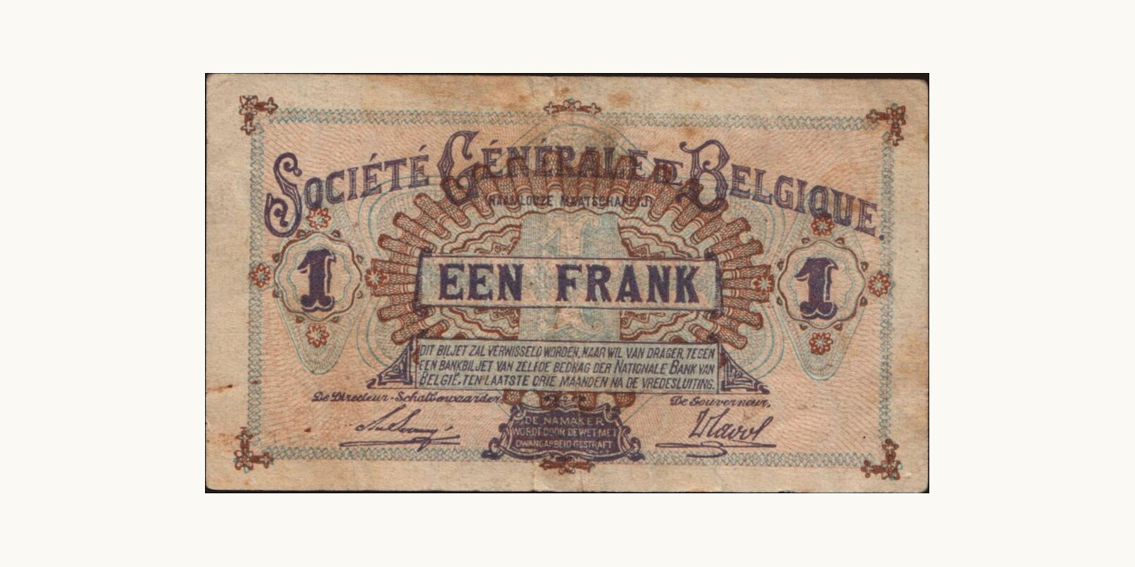 1 franc Belgium 1917 — Back side