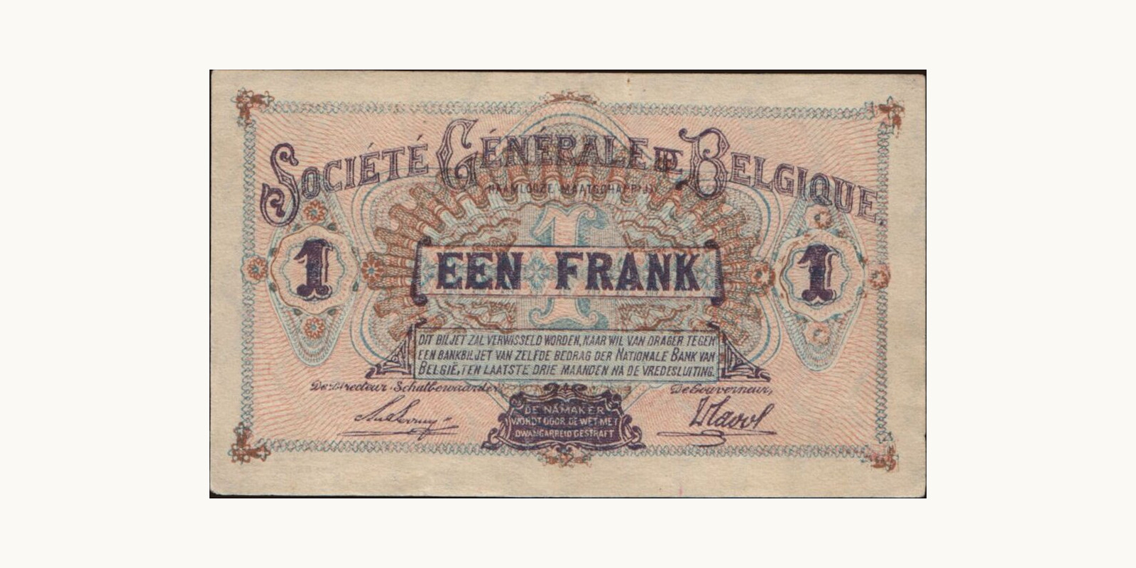 1 franc Бельгия 1918 — Оборотная сторона