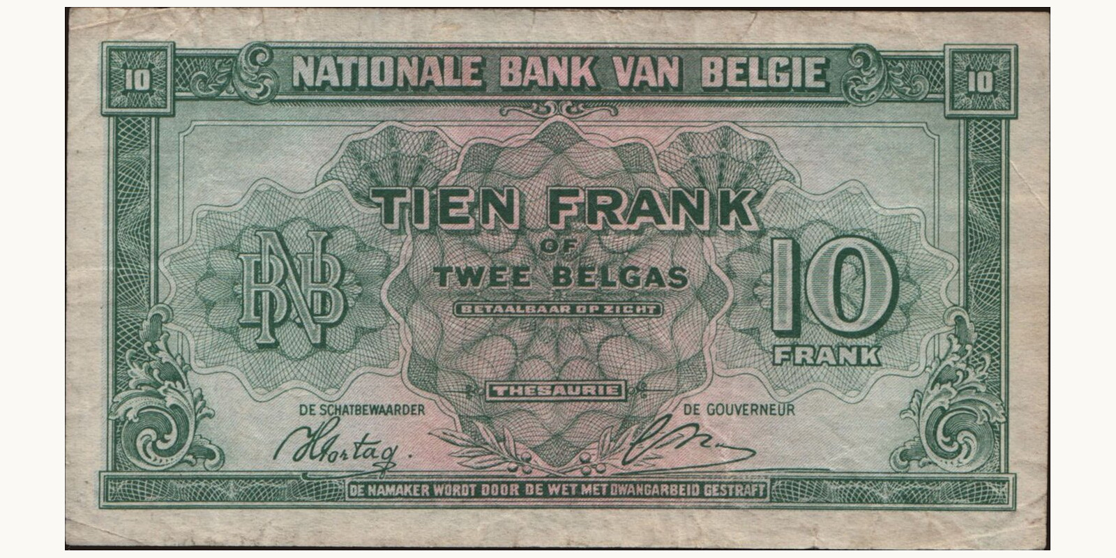 10 franc Бельгия 1943 — Оборотная сторона