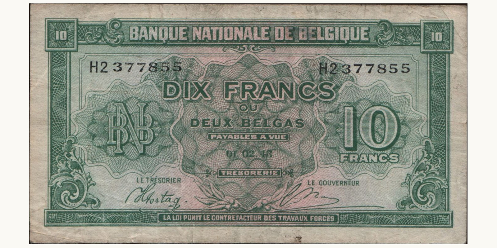 10 franc Бельгия 1943 — Лицевая сторона