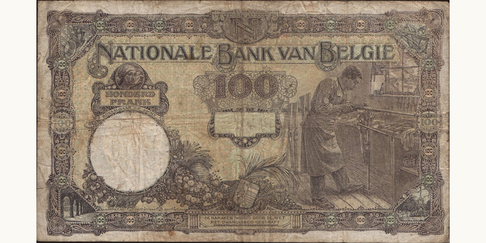 100 franc Бельгия 1921 — Оборотная сторона