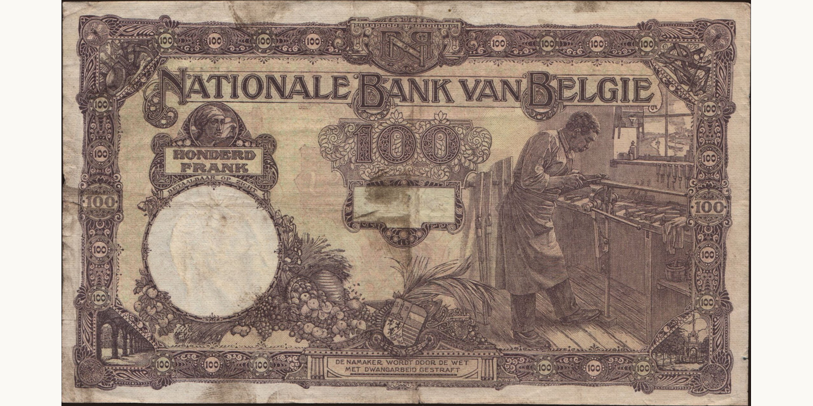 100 franc Belgium 1926 — Back side