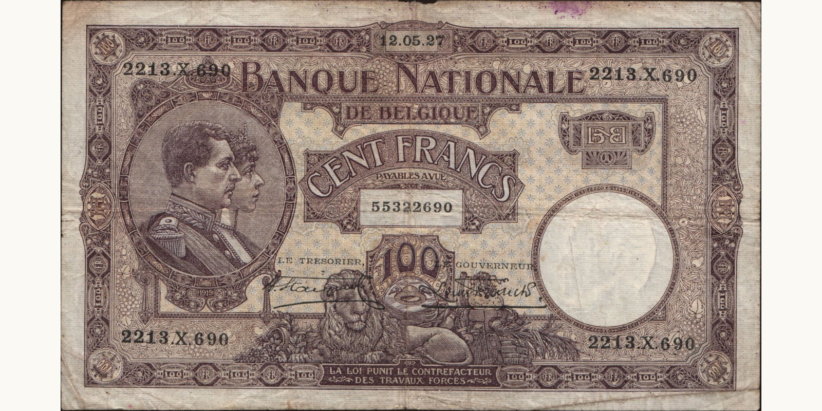 100 franc Бельгия 1927 — Лицевая сторона