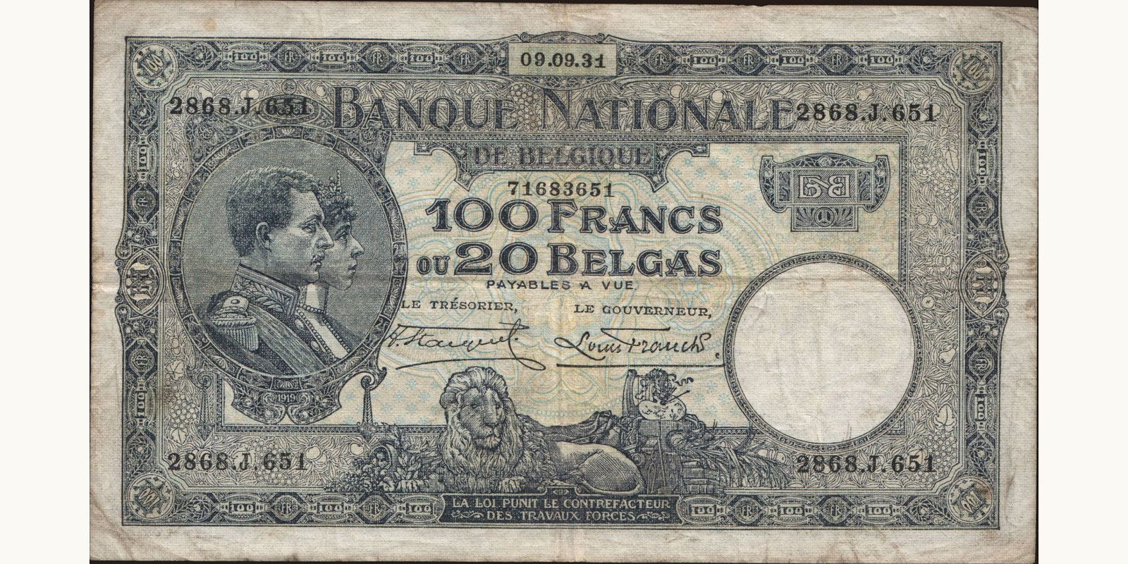 100 franc Бельгия 1931 — Лицевая сторона