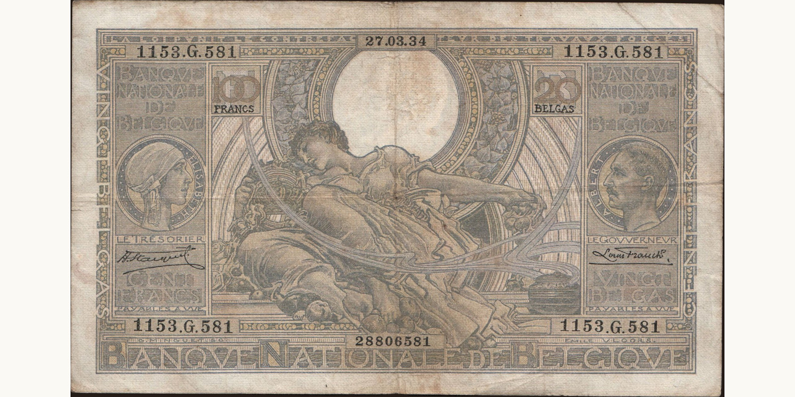 100 franc Бельгия 1934 — Лицевая сторона