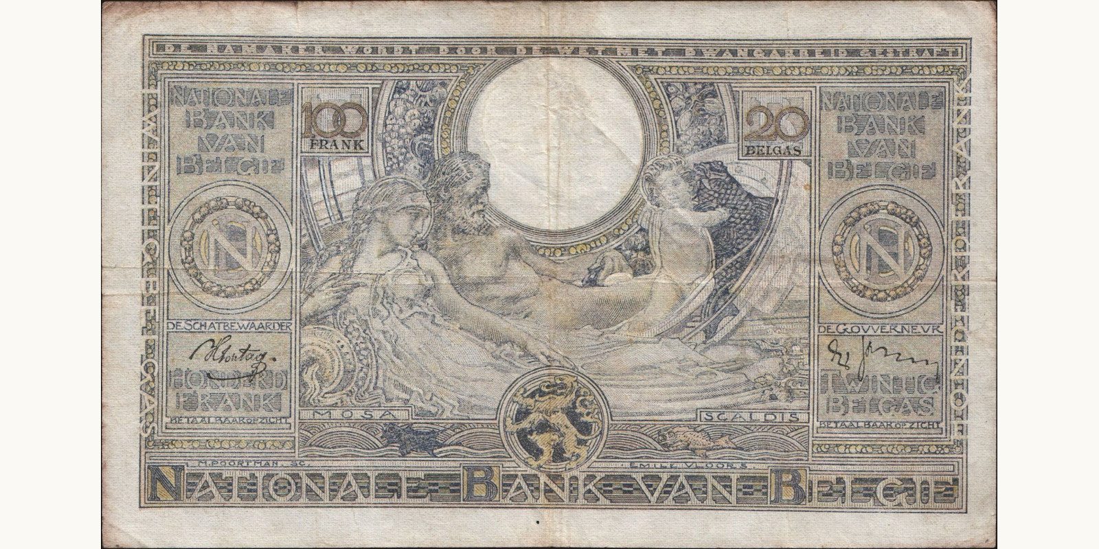 100 franc Belgium 1939 — Back side