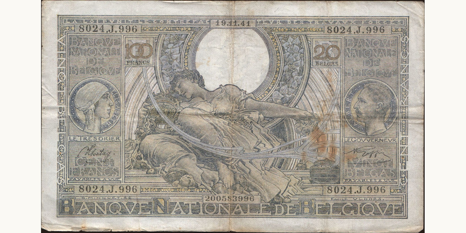 100 franc Бельгия 1941 — Лицевая сторона