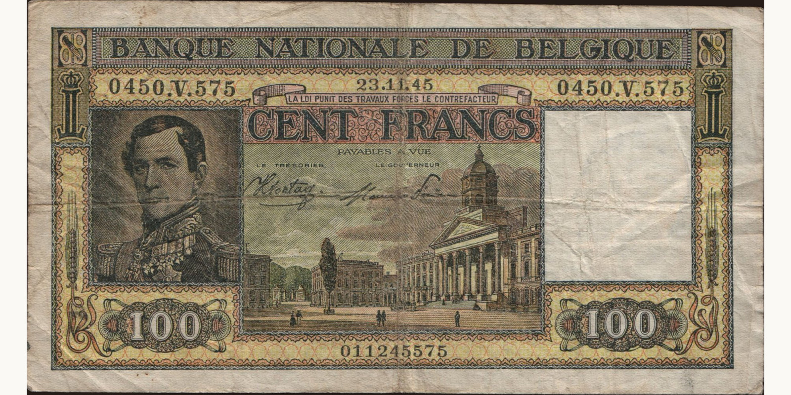 100 franc Бельгия 1945 — Лицевая сторона