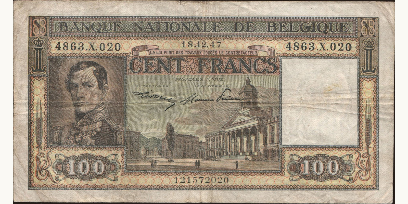 100 franc Бельгия 1947 — Лицевая сторона