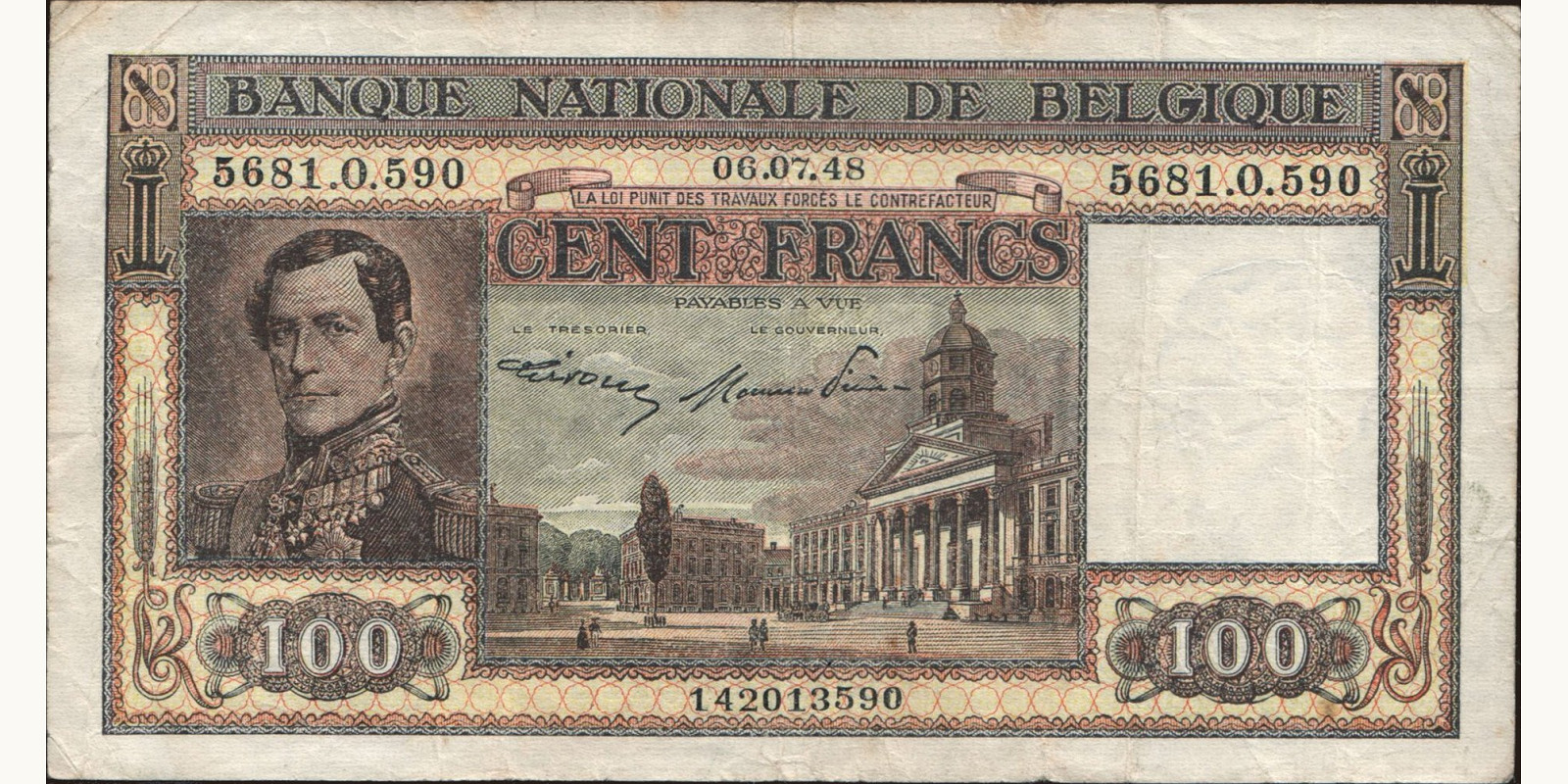 100 franc Бельгия 1948 — Лицевая сторона