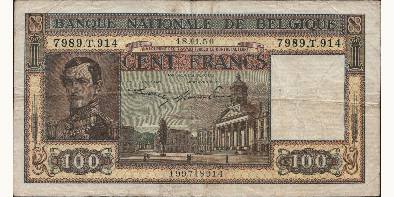 100 franc Бельгия 1950 — Лицевая сторона