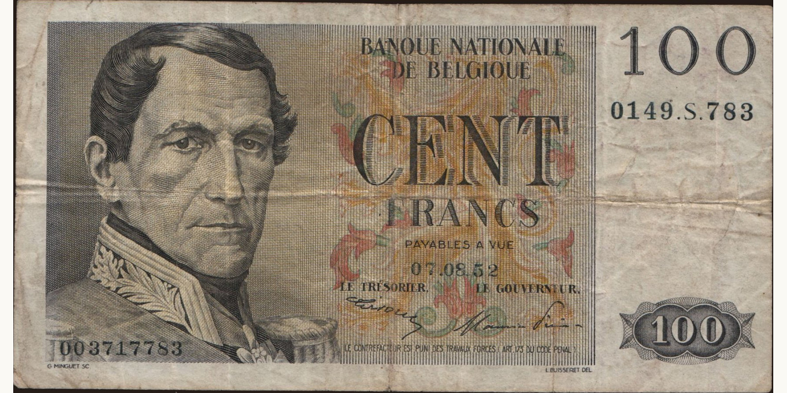 100 franc Бельгия 1952 — Лицевая сторона