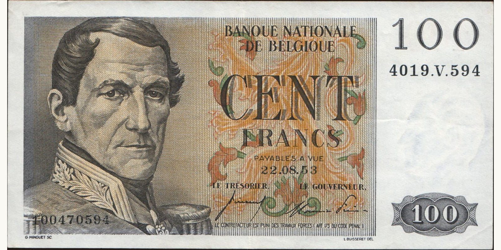 100 franc Belgium 1953 — Front side
