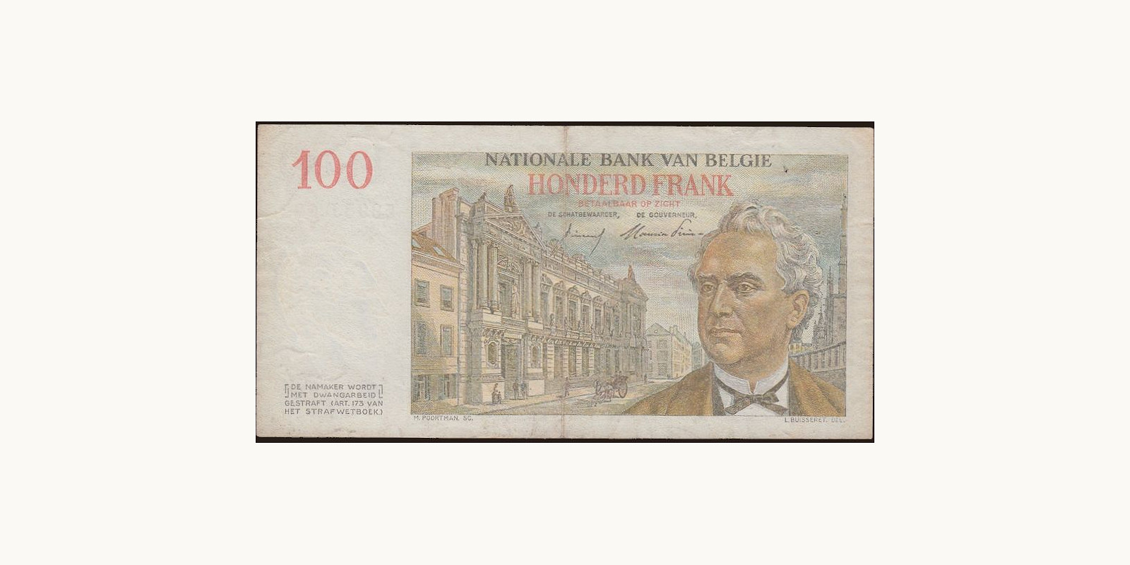 100 franc Belgium 1954 — Back side