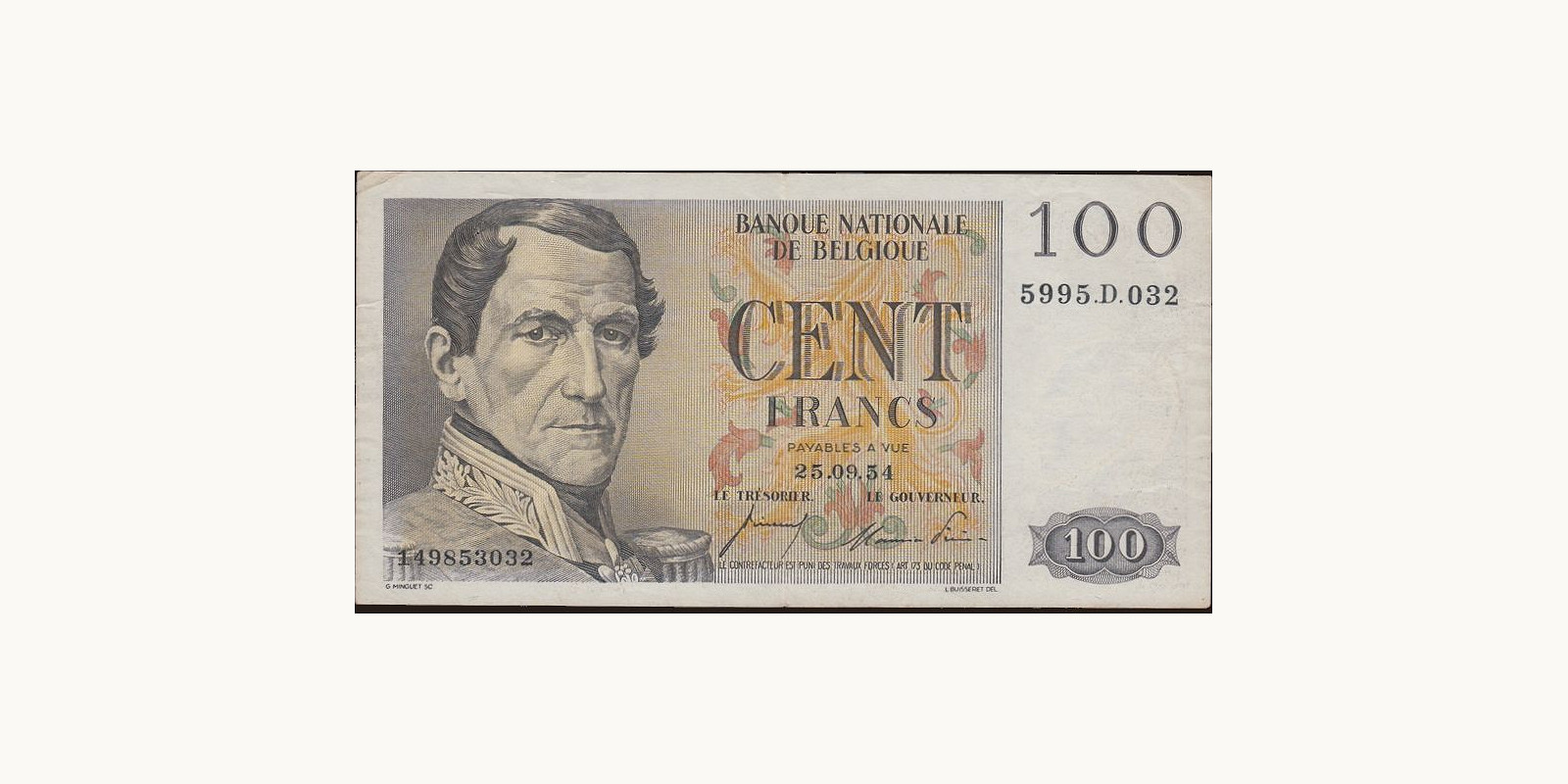 100 franc Belgium 1954 — Front side