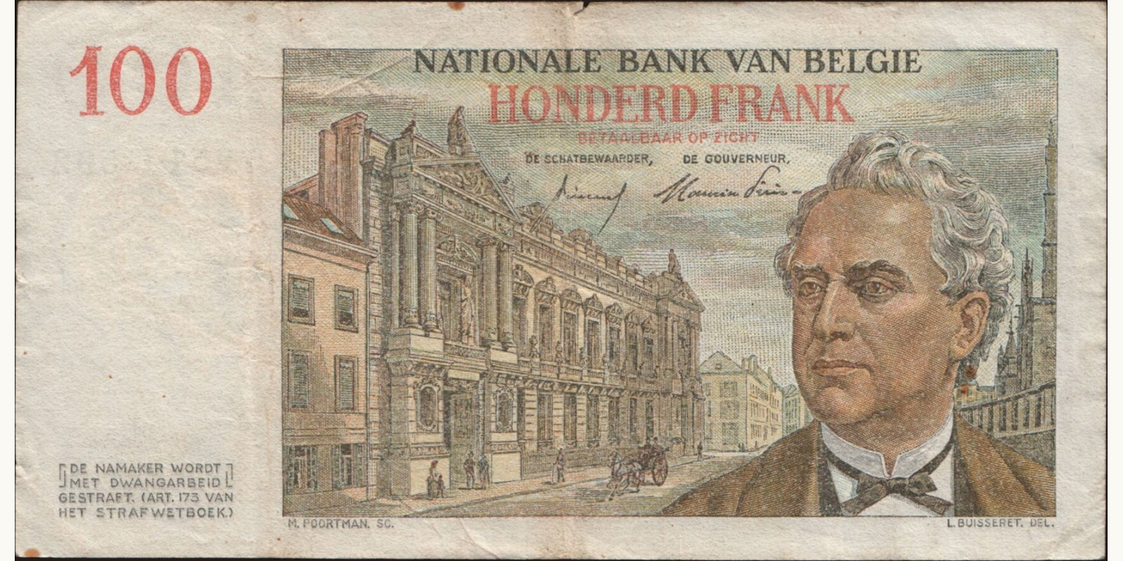 100 franc Belgium 1956 — Back side