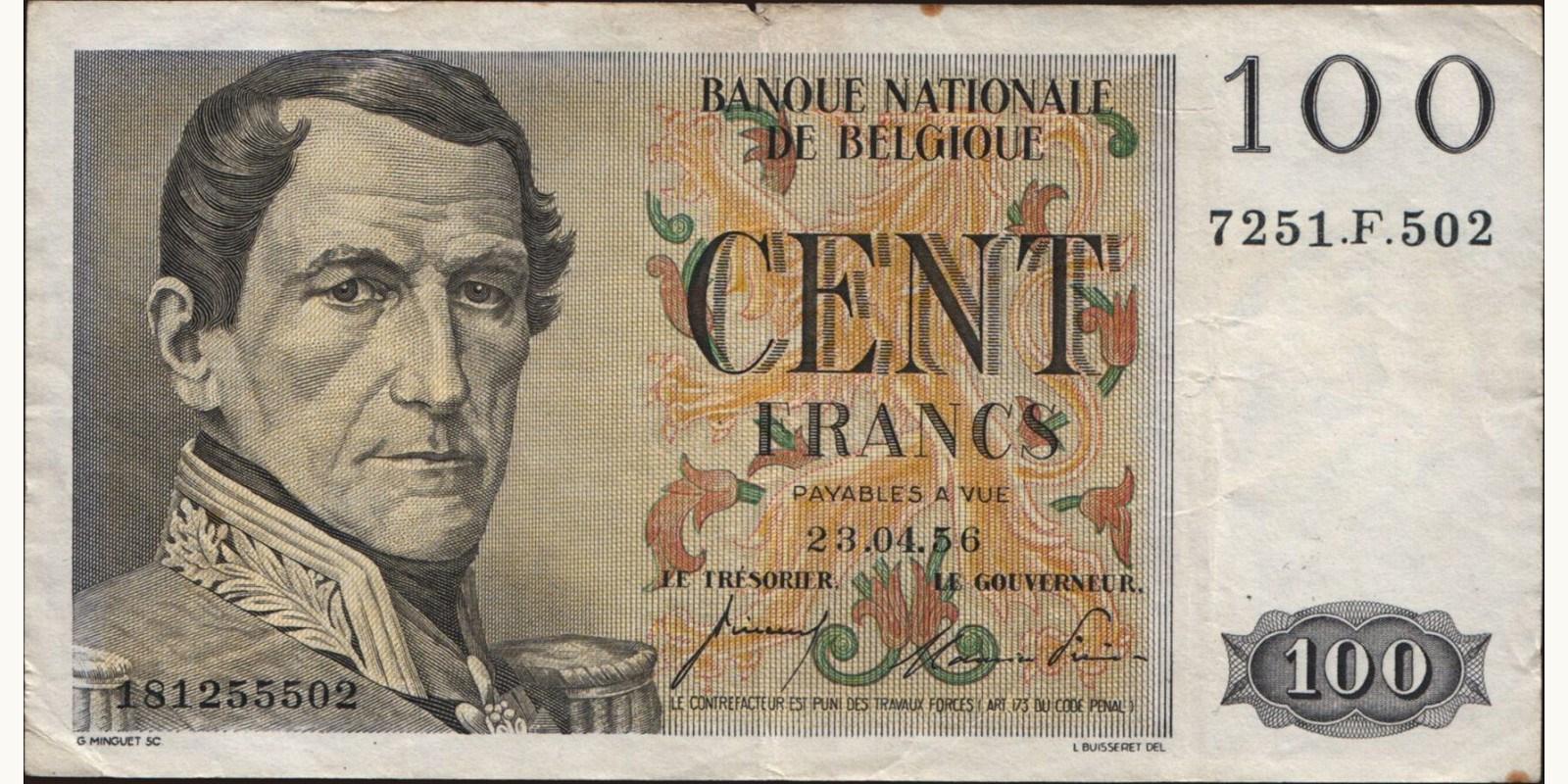 100 franc Belgium 1956 — Front side