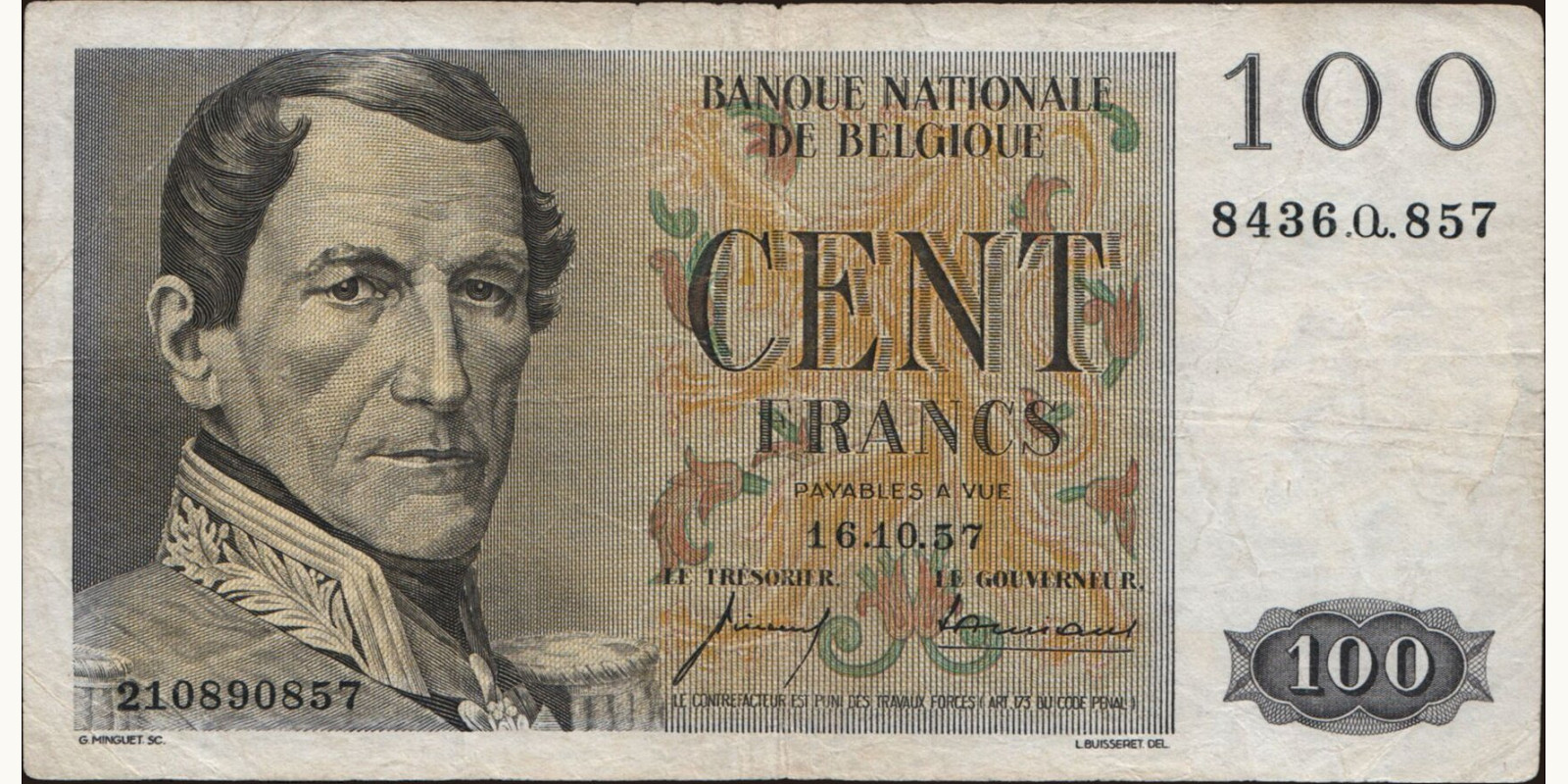 100 franc Бельгия 1957 — Лицевая сторона