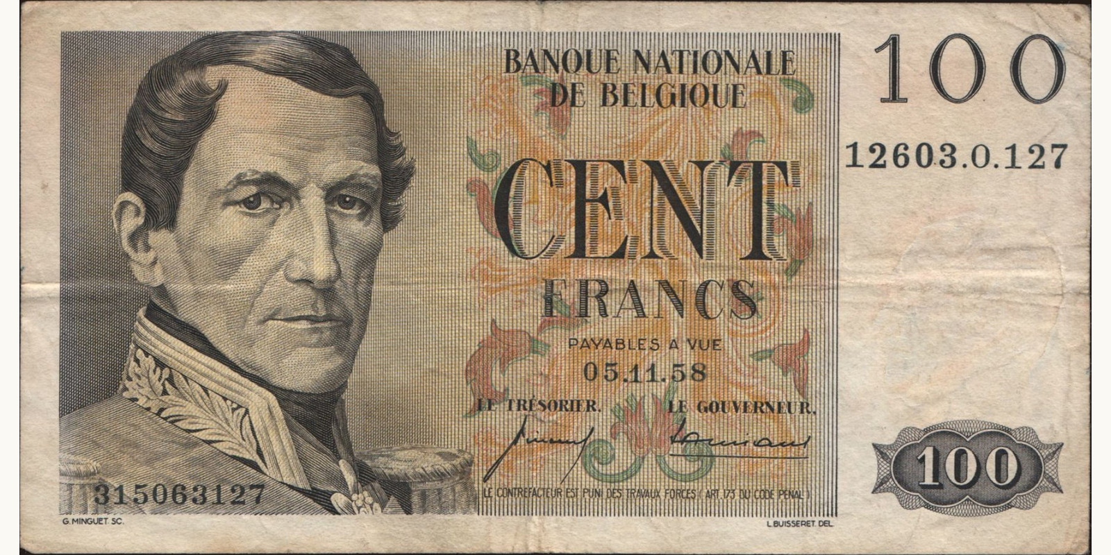 100 franc Бельгия 1958 — Лицевая сторона