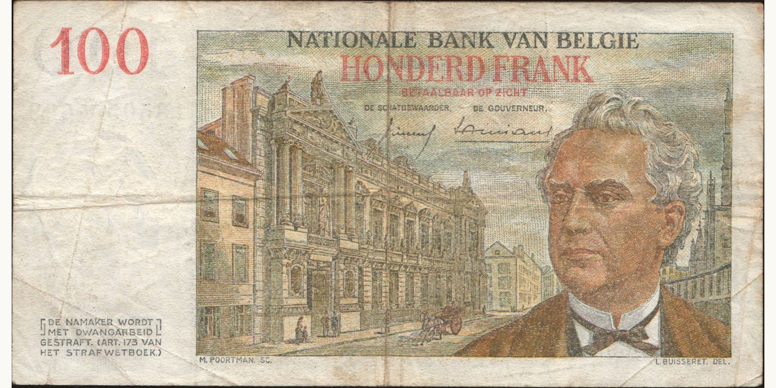 100 franc Бельгия 1959 — Оборотная сторона