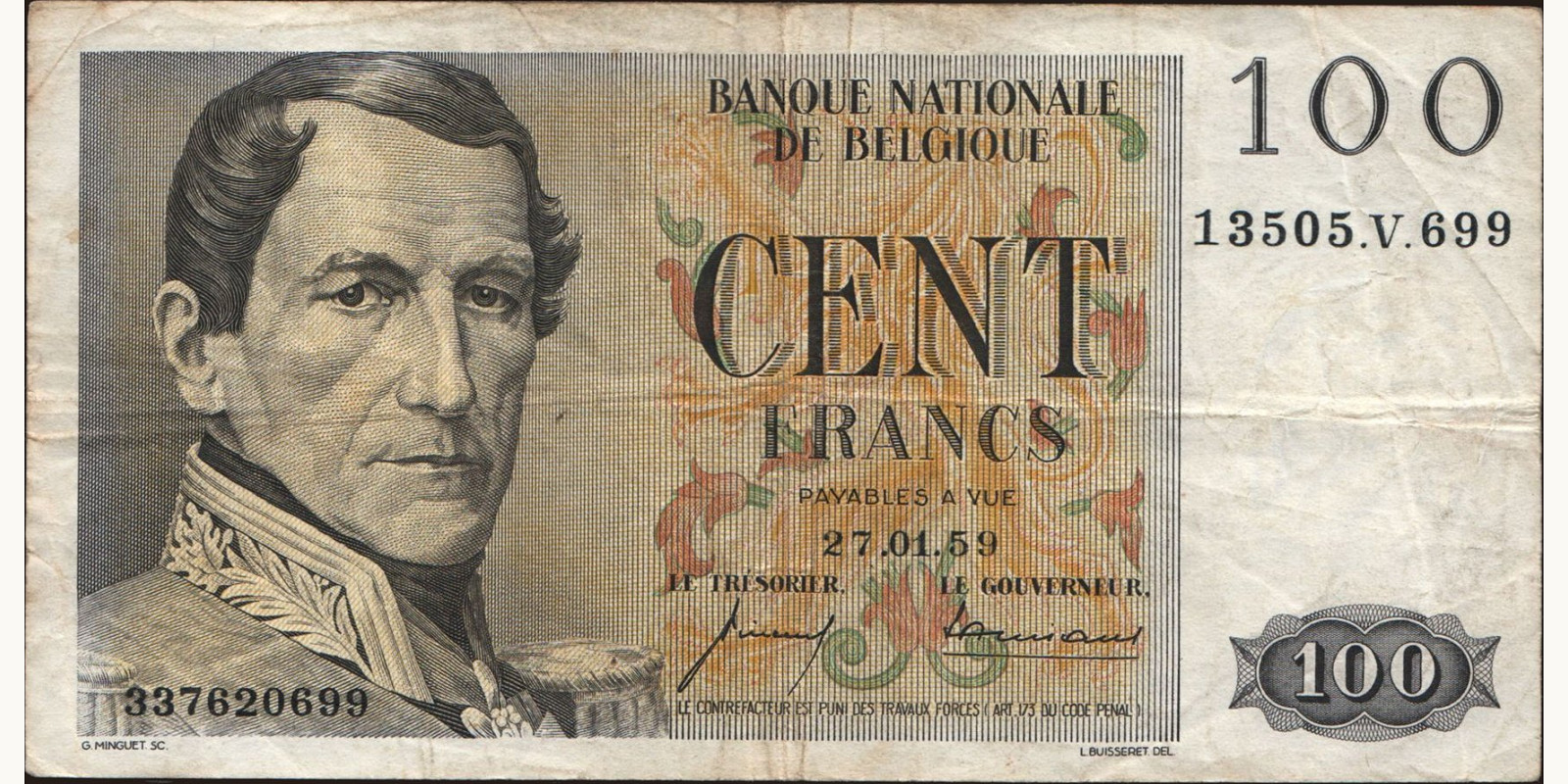 100 franc Бельгия 1959 — Лицевая сторона