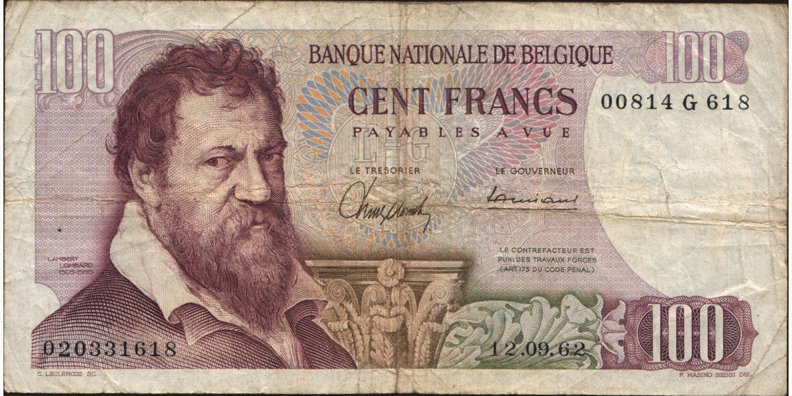 100 franc Бельгия 1962 — Лицевая сторона