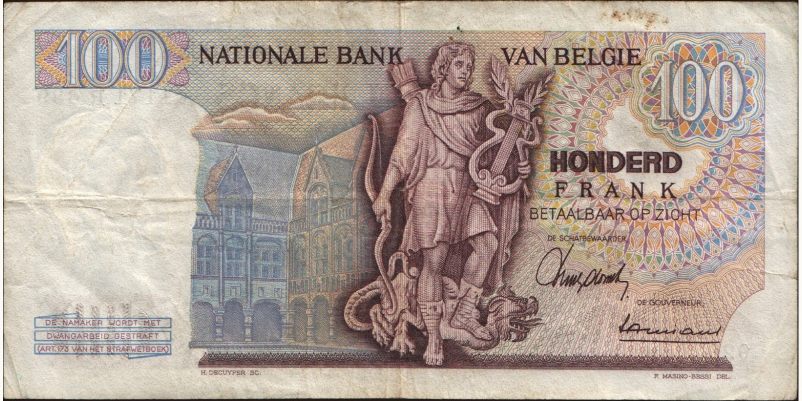 100 franc Бельгия 1963 — Оборотная сторона