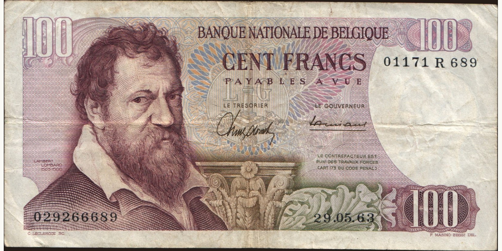 100 franc Бельгия 1963 — Лицевая сторона