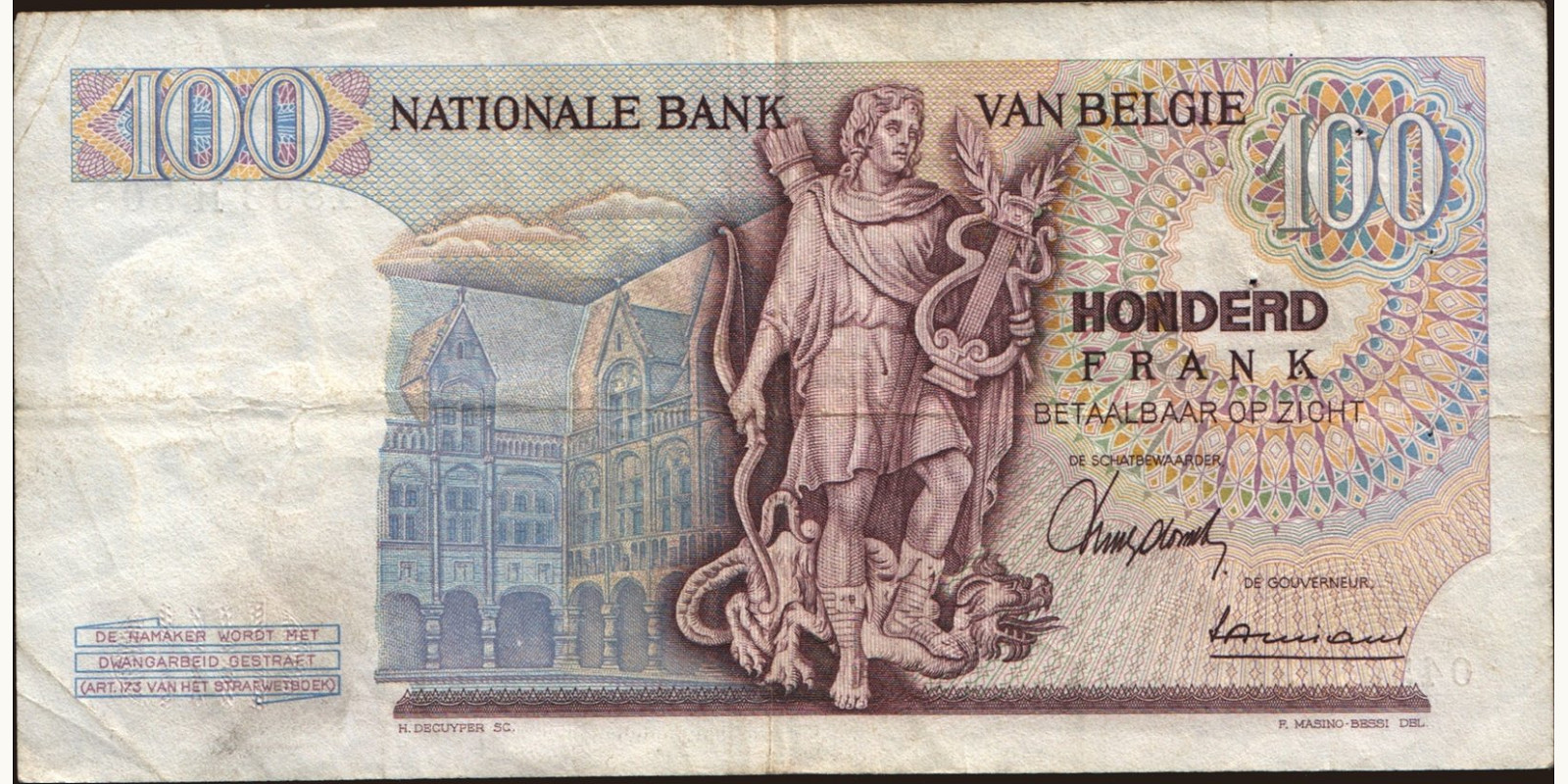 100 franc Belgium 1964 — Back side