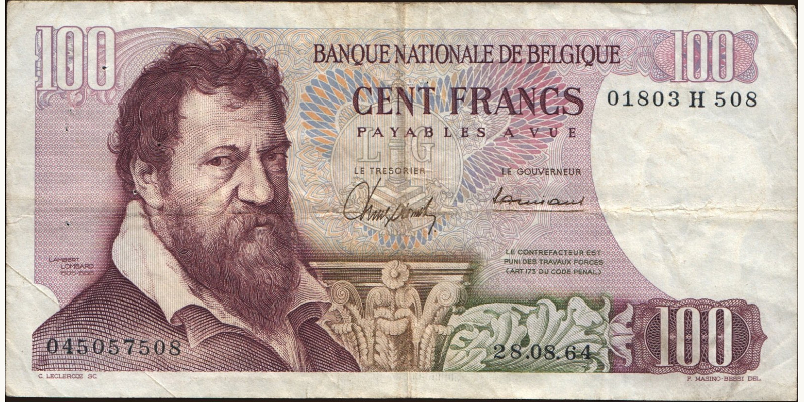 100 franc Belgium 1964 — Front side