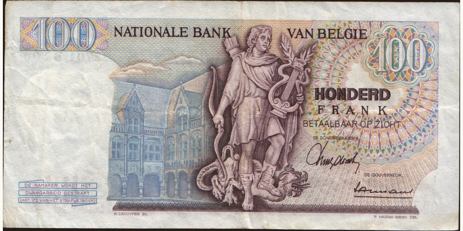 100 franc Бельгия 1965 — Оборотная сторона