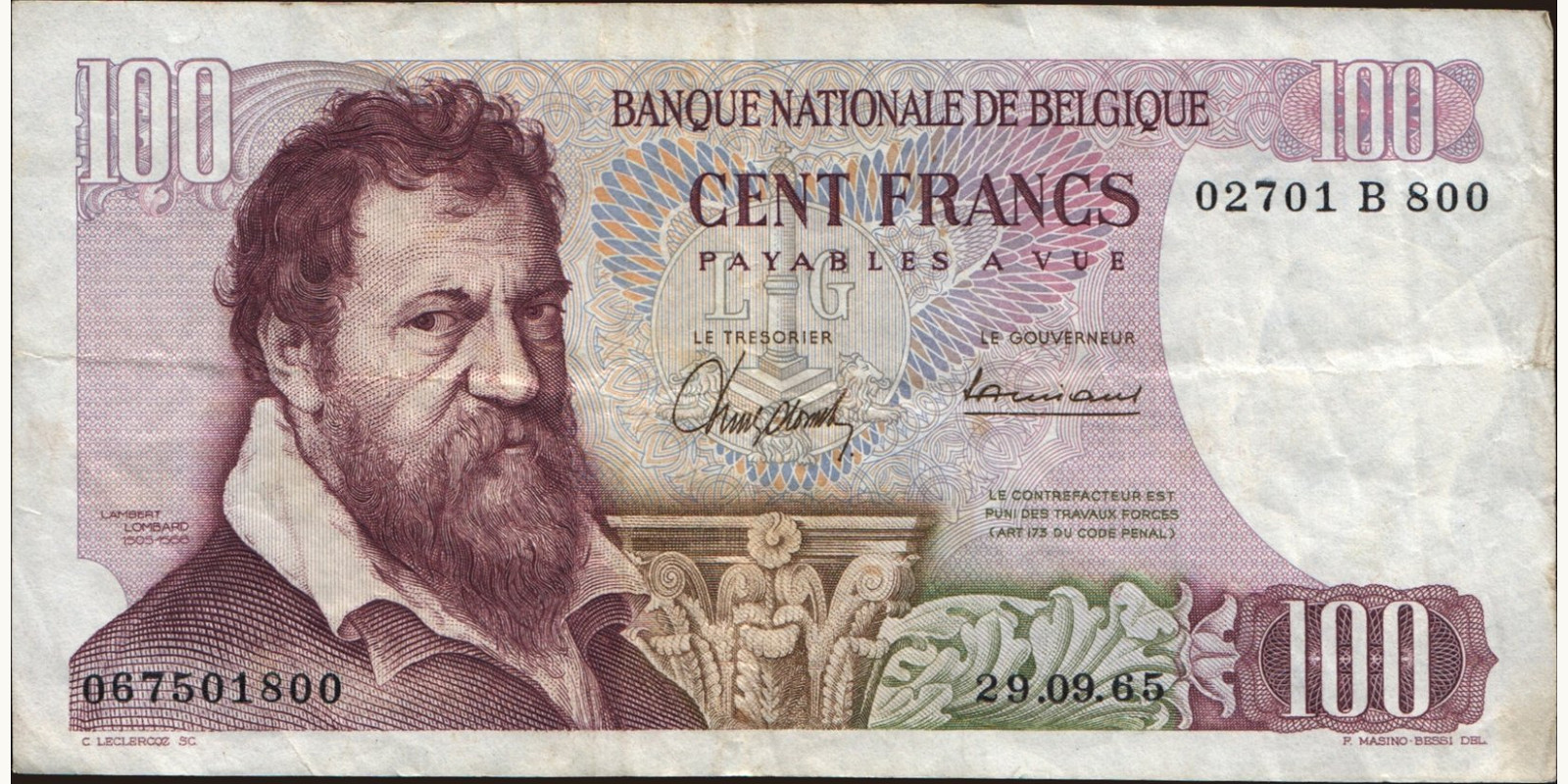 100 franc Бельгия 1965 — Лицевая сторона