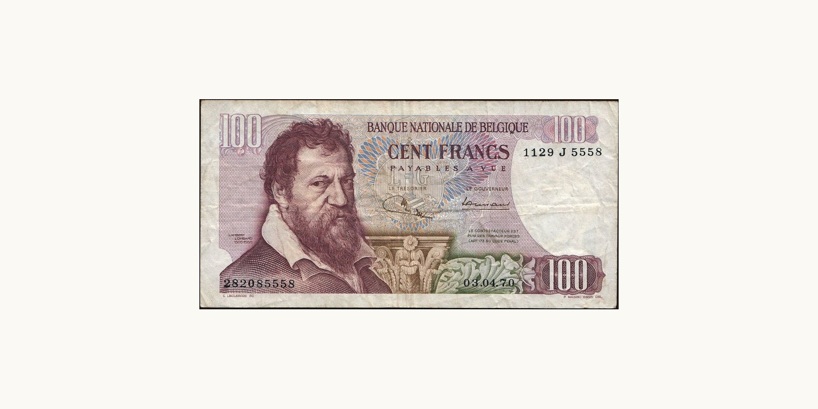 100 franc Бельгия 1970 — Лицевая сторона