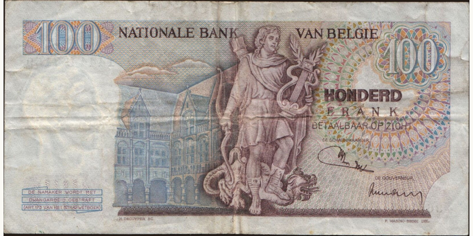 100 franc Бельгия 1971 — Оборотная сторона