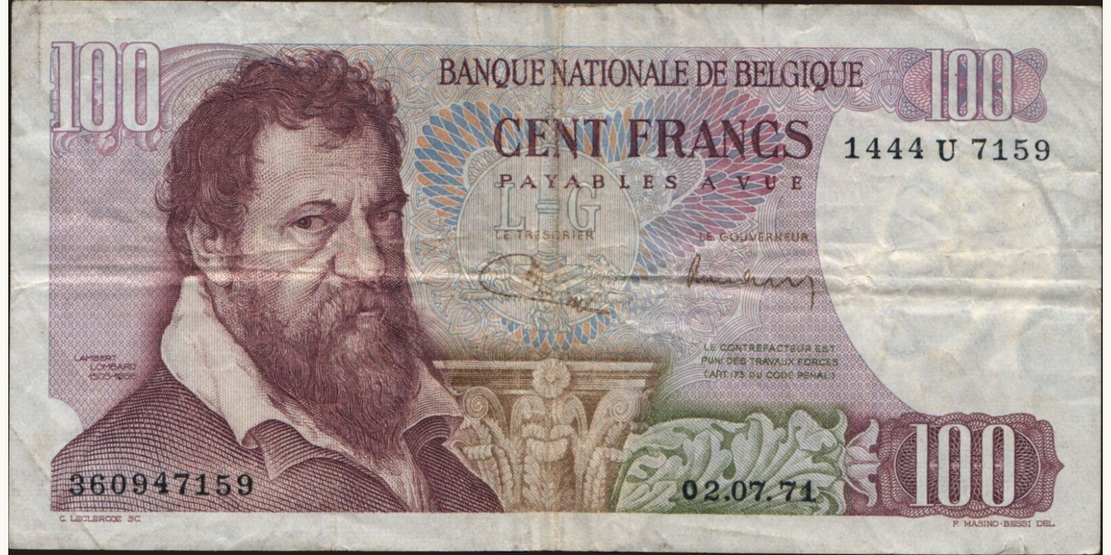 100 franc Бельгия 1971 — Лицевая сторона