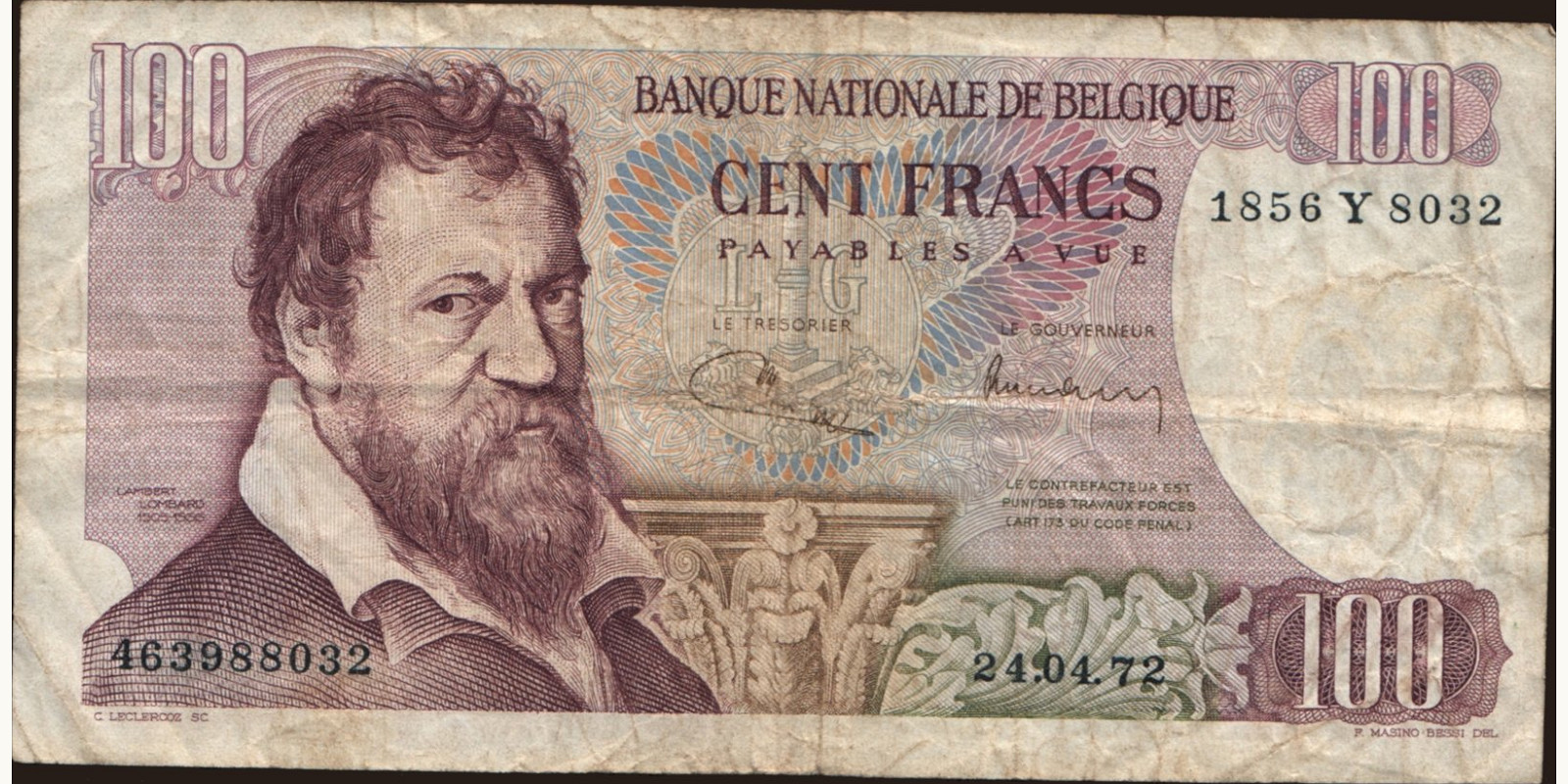 100 franc Бельгия 1972 — Лицевая сторона