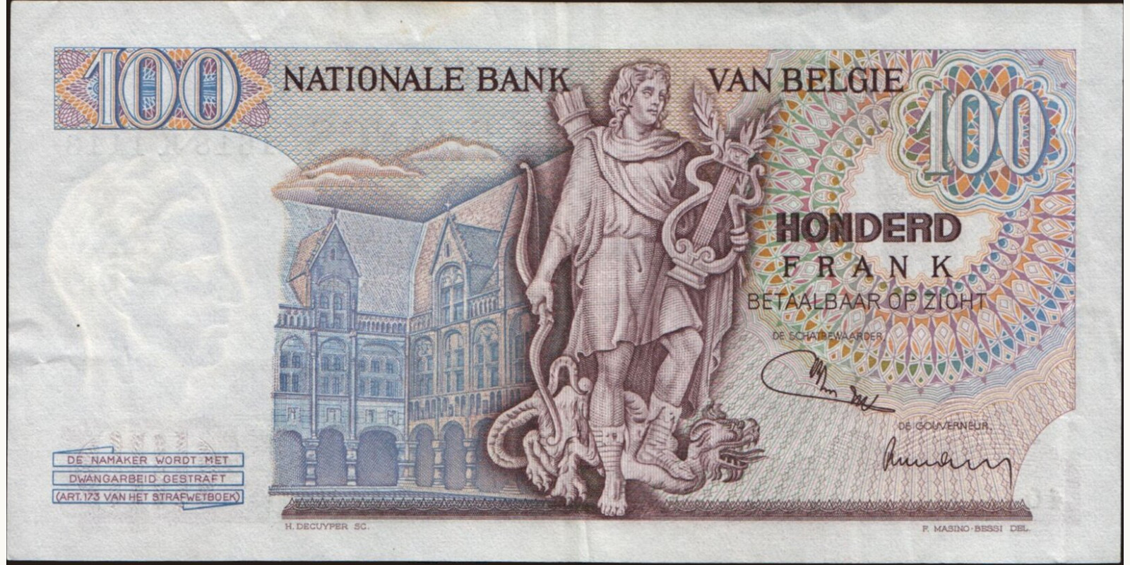 100 franc Бельгия 1974 — Оборотная сторона